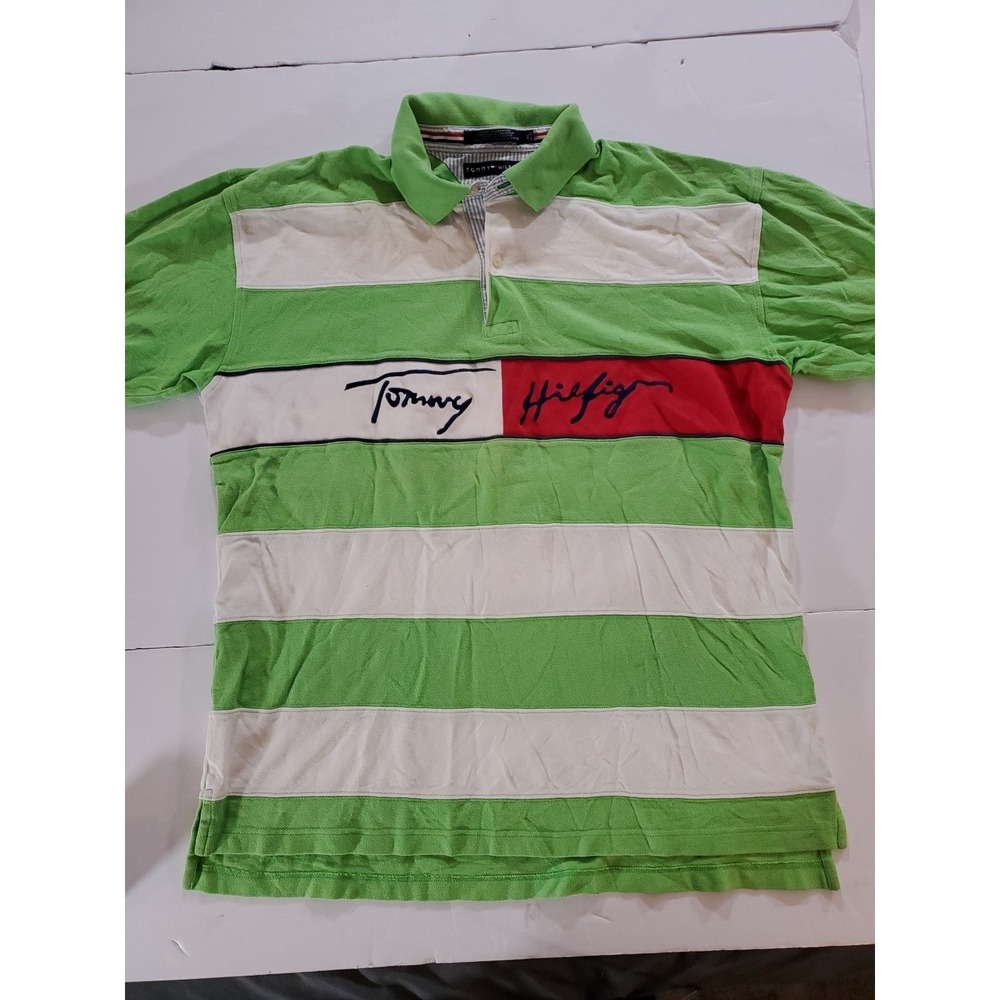 VTG 90s Tommy Hilfiger Mens XL Rugby Polo Shirt Green White‎ Big Spell Out Logo